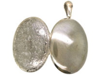 Victorian Large Silver Oval Locket With Flower Engraved Decoration