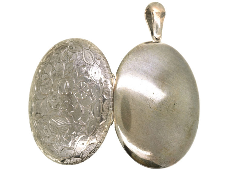 Victorian Large Silver Oval Locket With Flower Engraved Decoration