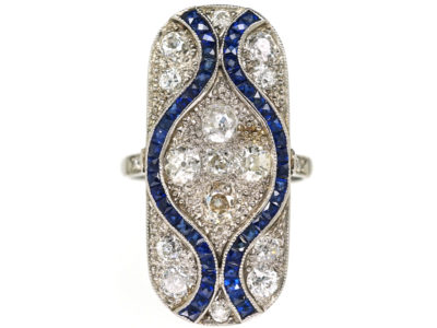 Art Deco 18ct White Gold & Platinum, Large Sapphire & Diamond Plaque Ring Art Deco 18ct White Gold & Platinum, Large Sapphire & Diamond Plaque Ring