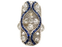 Art Deco 18ct White Gold & Platinum, Large Sapphire & Diamond Plaque Ring