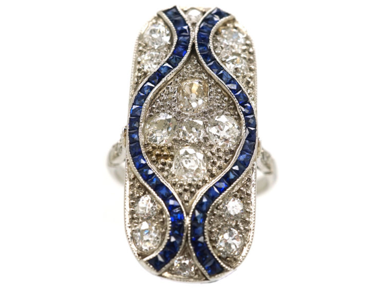 Art Deco 18ct White Gold & Platinum, Large Sapphire & Diamond Plaque Ring