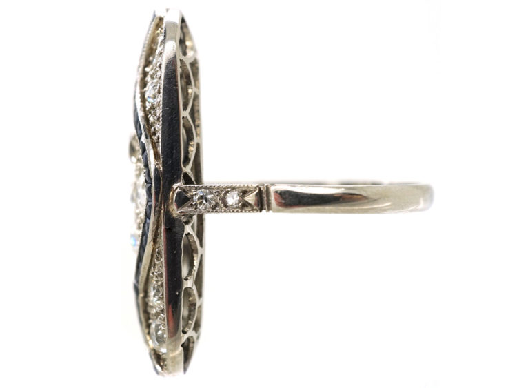 Art Deco 18ct White Gold & Platinum, Large Sapphire & Diamond Plaque Ring
