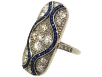 Art Deco 18ct White Gold & Platinum, Large Sapphire & Diamond Plaque Ring