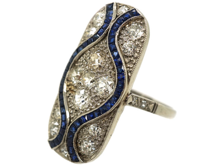 Art Deco 18ct White Gold & Platinum, Large Sapphire & Diamond Plaque Ring
