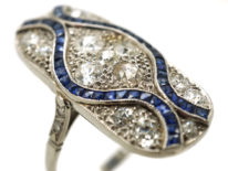 Art Deco 18ct White Gold & Platinum, Large Sapphire & Diamond Plaque Ring