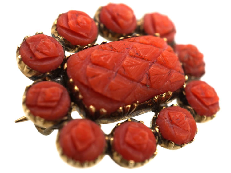 Georgian 9ct Gold & Coral Lace Brooch