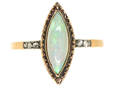 Edwardian 14ct Gold, Opal & Rose Diamond Marquise Ring