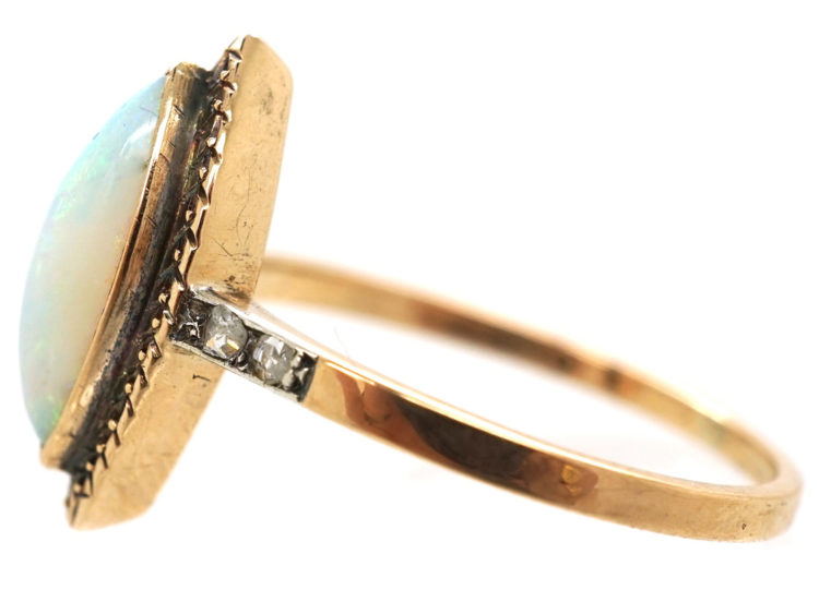 Edwardian 14ct Gold, Opal & Rose Diamond Marquise Ring