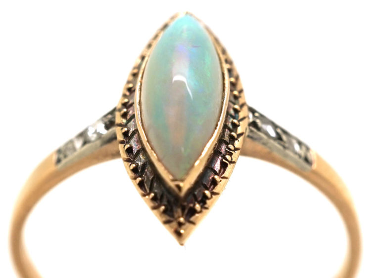 Edwardian 14ct Gold, Opal & Rose Diamond Marquise Ring