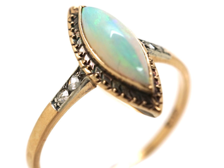 Edwardian 14ct Gold, Opal & Rose Diamond Marquise Ring