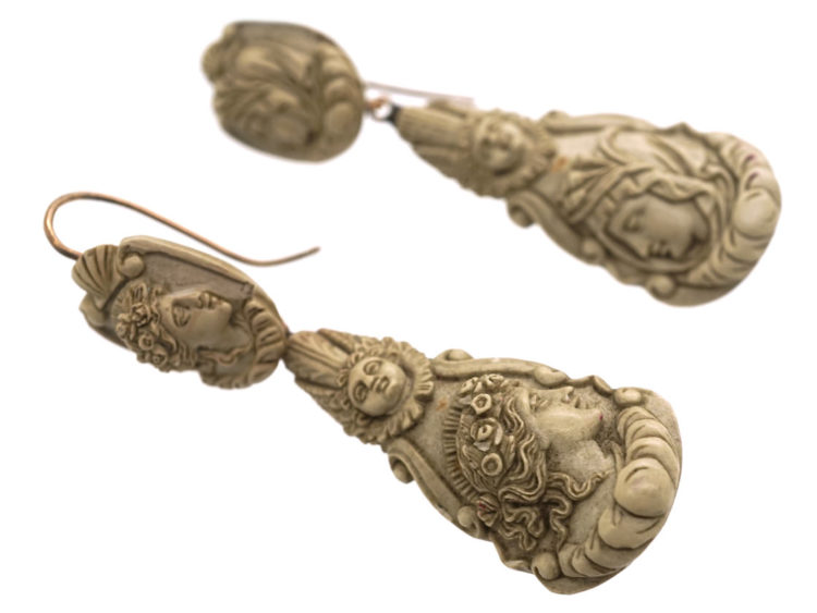 Early 19th Century Lava Cameo Night & Day Drop Earrings