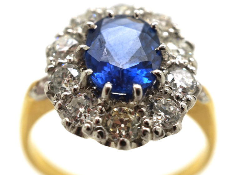18ct Gold, Large Sapphire & Diamond Oval Cluster Ring