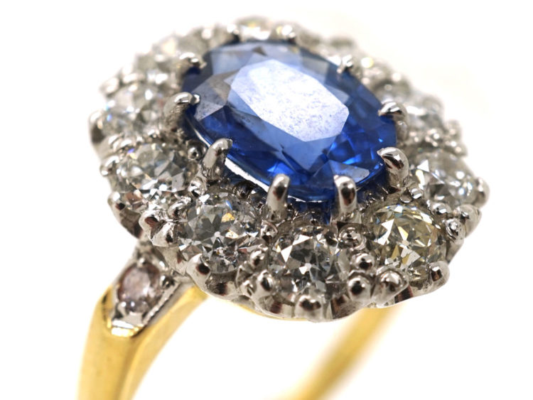 18ct Gold, Large Sapphire & Diamond Oval Cluster Ring