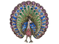 Edwardian Silver & Coloured Paste Peacock Brooch