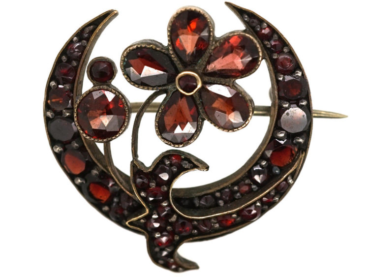 Edwardian Garnet Flower & Half Moon Brooch