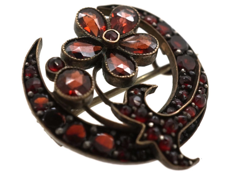 Edwardian Garnet Flower & Half Moon Brooch