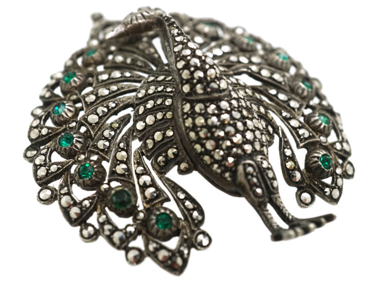 Silver, Marcasite & Paste Peacock Brooch
