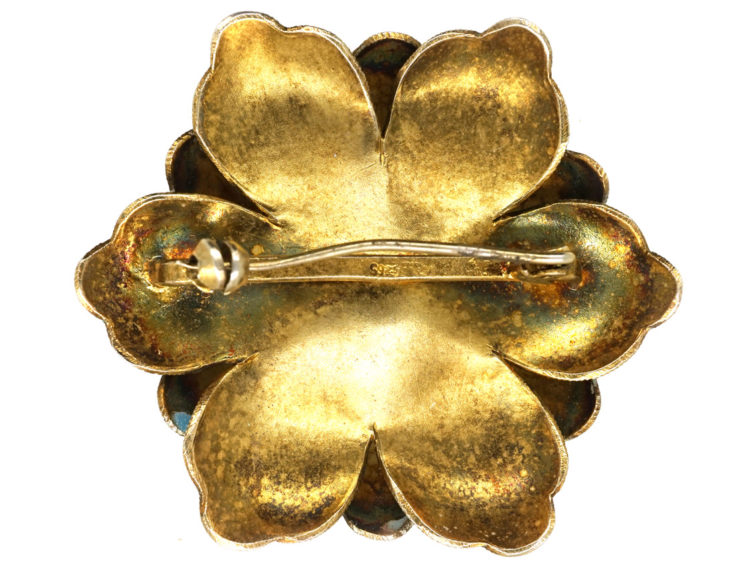Norwegian Silver Gilt , Blue & Green Enamel Flower Brooch