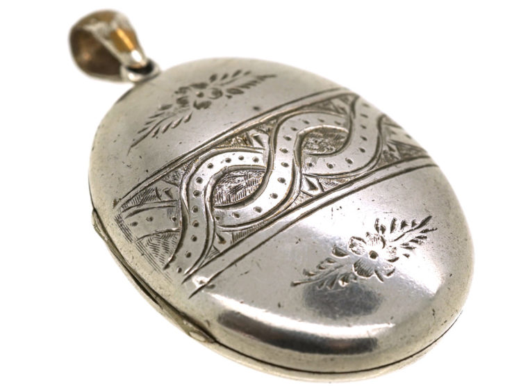 Victorian Oval Silver Locket With Entwined Ribbon Design