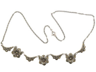 Art Deco Silver & Marcasite Flowers Necklace