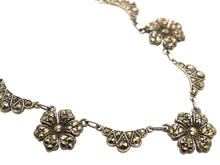 Art Deco Silver & Marcasite Flowers Necklace