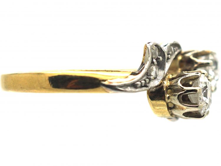 Edwardian 18ct Gold & Platinum Two Stone Diamond Crossover Ring