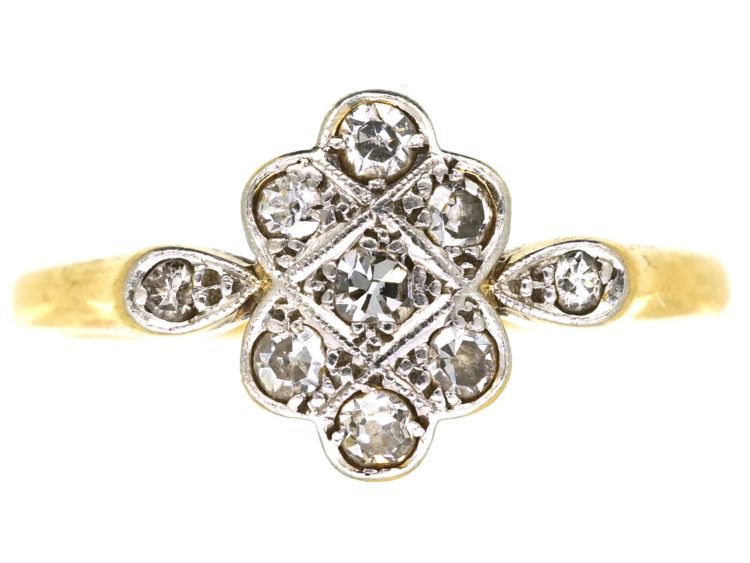 Art Deco 18ct Gold & Platinum, Diamond Cluster Ring With Diamond Set Shoulders