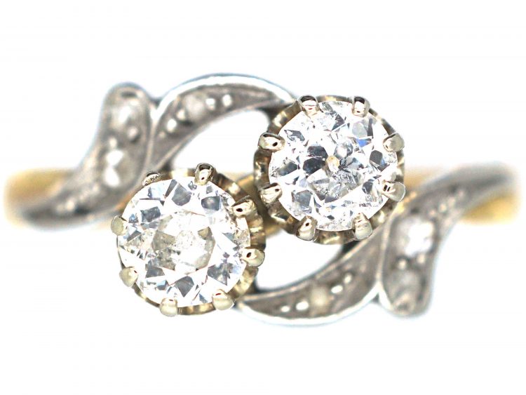 Edwardian 18ct Gold & Platinum Two Stone Diamond Crossover Ring