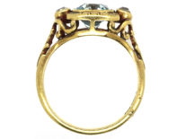 Edwardian 18ct Gold Aquamarine & Rose Diamond Ring With Greek Key Design Detail