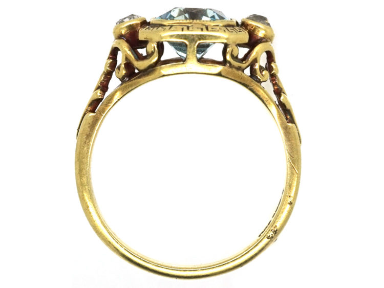 Edwardian 18ct Gold Aquamarine & Rose Diamond Ring With Greek Key Design Detail