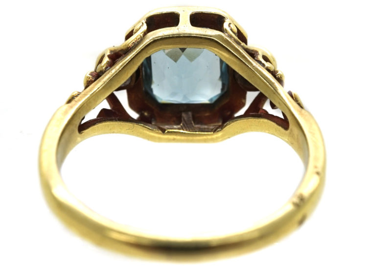 Edwardian 18ct Gold Aquamarine & Rose Diamond Ring With Greek Key Design Detail