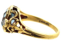 Edwardian 18ct Gold Aquamarine & Rose Diamond Ring With Greek Key Design Detail