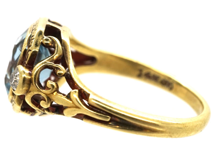 Edwardian 18ct Gold Aquamarine & Rose Diamond Ring With Greek Key Design Detail