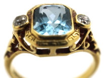 Edwardian 18ct Gold Aquamarine & Rose Diamond Ring With Greek Key Design Detail