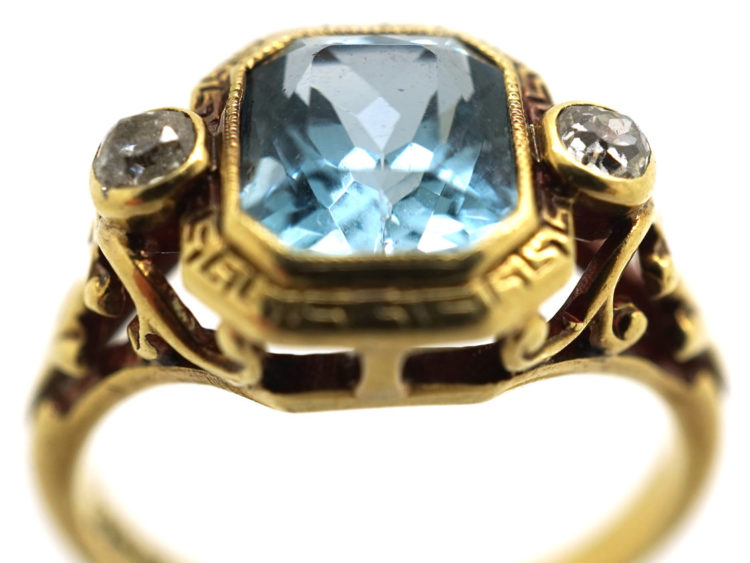 Edwardian 18ct Gold Aquamarine & Rose Diamond Ring With Greek Key Design Detail