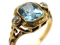 Edwardian 18ct Gold Aquamarine & Rose Diamond Ring With Greek Key Design Detail