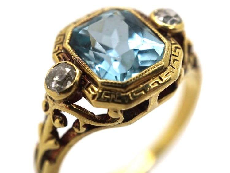 Edwardian 18ct Gold Aquamarine & Rose Diamond Ring With Greek Key Design Detail