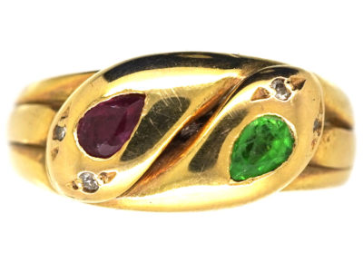 Edwardian 18ct Gold, Green Garnet, Ruby & Rose Diamond Double Snake Ring Edwardian 18ct Gold, Green Garnet, Ruby & Rose Diamond Double Snake Ring