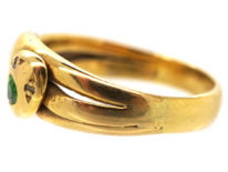 Edwardian 18ct Gold, Green Garnet, Ruby & Rose Diamond Double Snake Ring