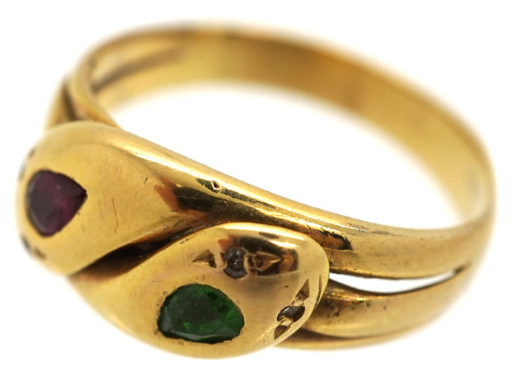 Edwardian 18ct Gold, Green Garnet, Ruby & Rose Diamond Double Snake Ring