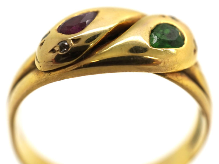 Edwardian 18ct Gold, Green Garnet, Ruby & Rose Diamond Double Snake Ring