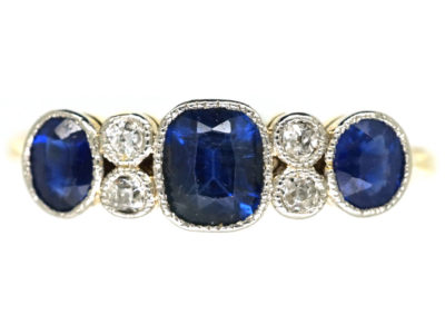 Edwardian 18ct Gold & Platinum, Three Stone Sapphire & Diamond Ring