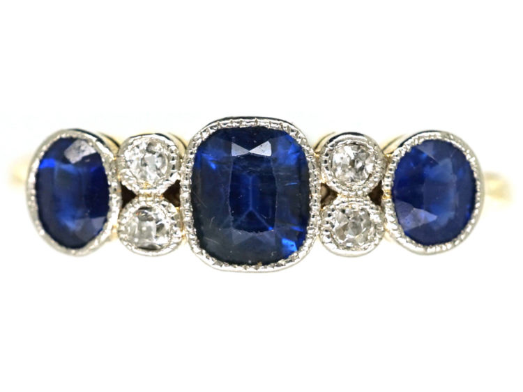 Edwardian 18ct Gold & Platinum, Three Stone Sapphire & Diamond Ring