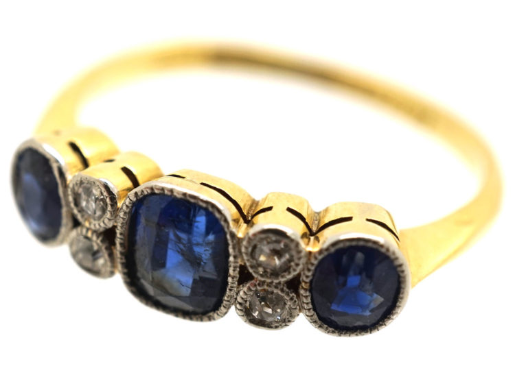 Edwardian 18ct Gold & Platinum, Three Stone Sapphire & Diamond Ring