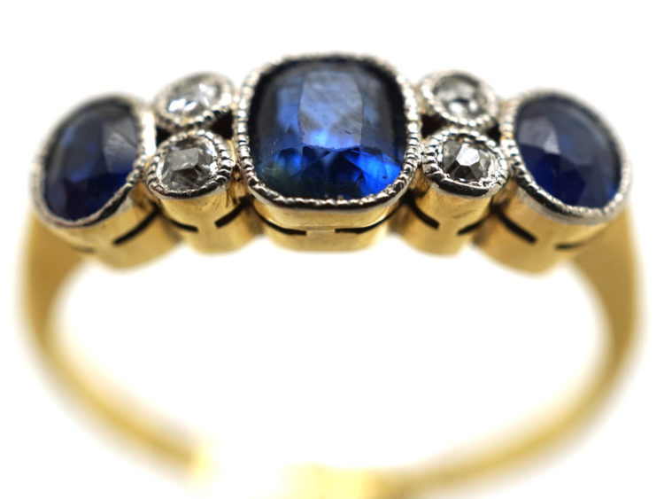 Edwardian 18ct Gold & Platinum, Three Stone Sapphire & Diamond Ring