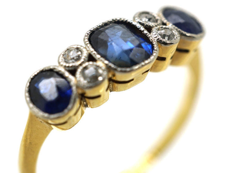 Edwardian 18ct Gold & Platinum, Three Stone Sapphire & Diamond Ring