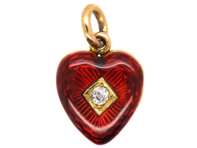 Edwardian 15ct Gold, Strawberry Red Enamel & Diamond Heart Locket