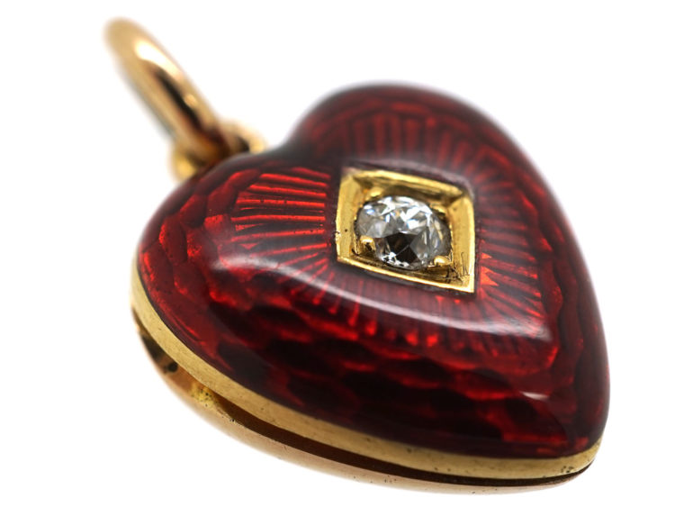 Edwardian 15ct Gold, Strawberry Red Enamel & Diamond Heart Locket