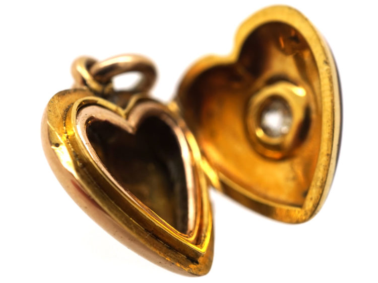 Edwardian 15ct Gold, Strawberry Red Enamel & Diamond Heart Locket