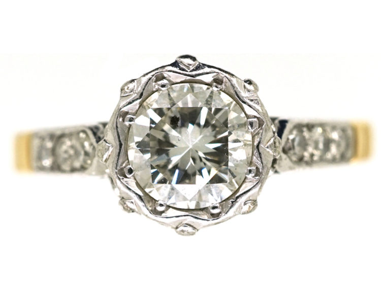 Art Deco Solitaire Diamond Ring With Diamond Set Shoulders